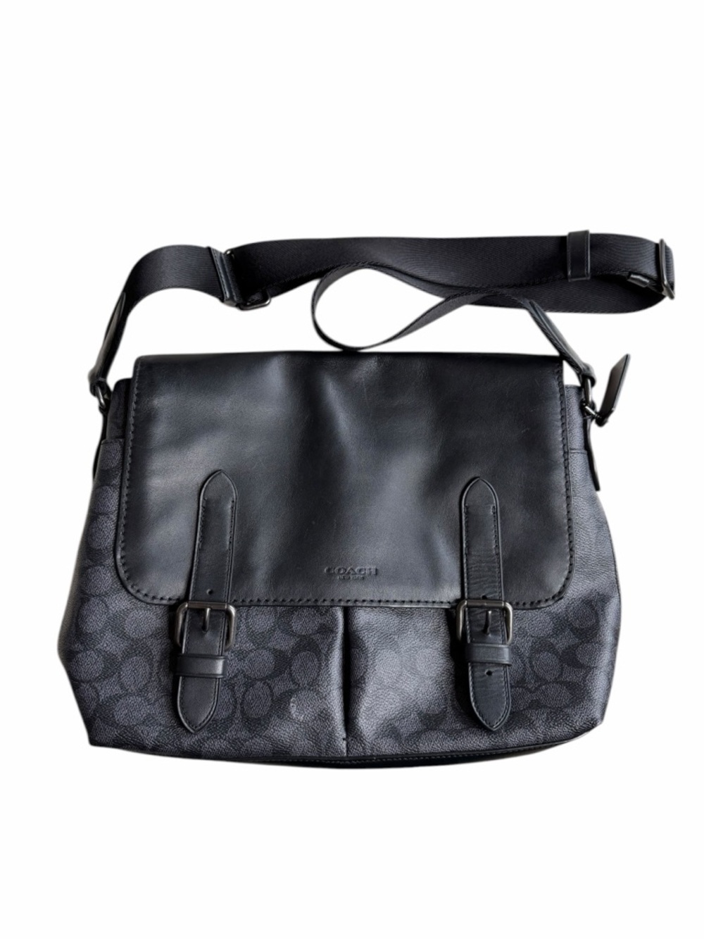 COACH Black‎ Gray Signature Canvas and Leather Messenger Bag Metropolitan Canvas